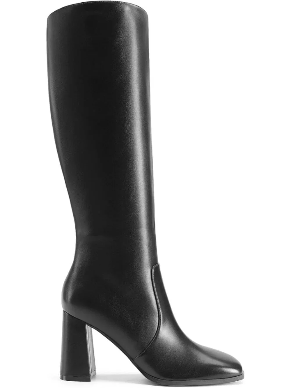 Women's Black Chunky Block Heeled Square Toe Side Zipper Knee High Boots
